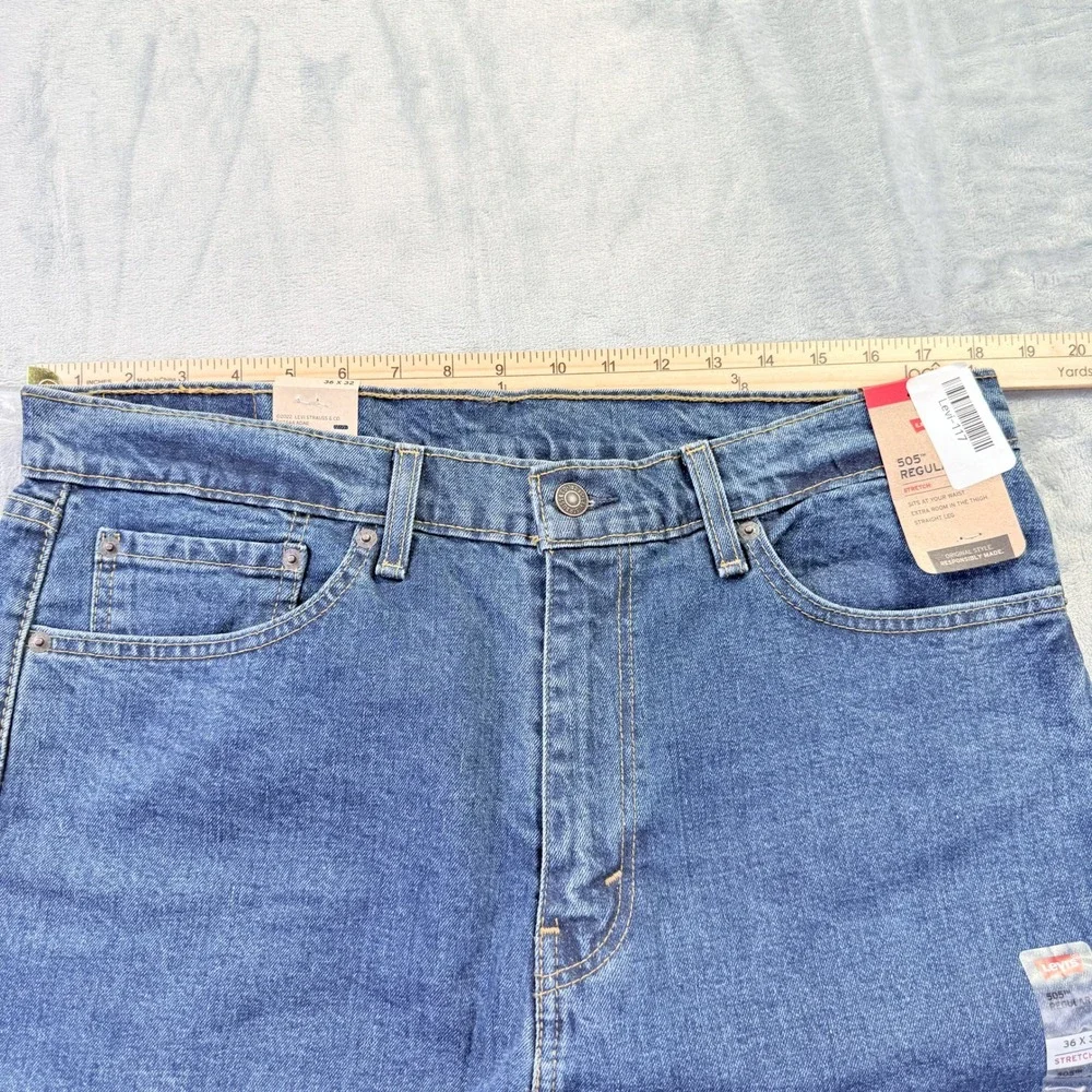 Levis 505 Regular Fit Stretch Jeans Mens 36x32 Blue Denim Mid Rise NWT